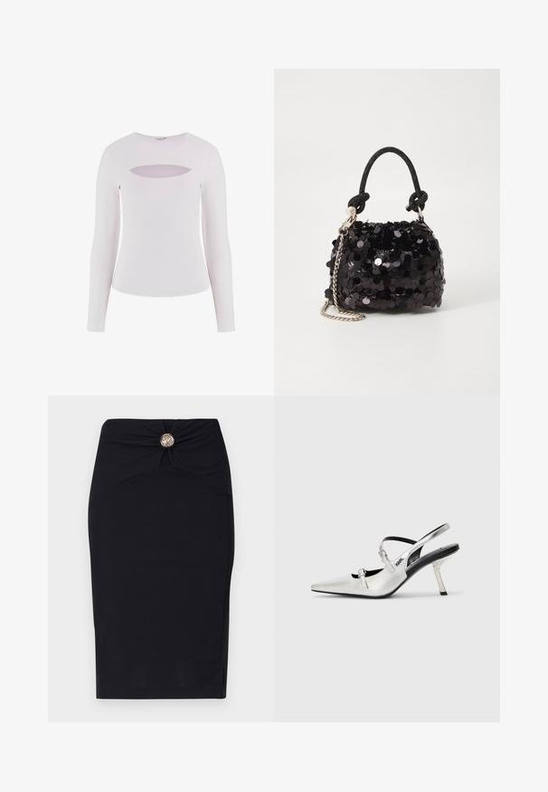 Biely dlhý rukáv top s rebrovanou текстúrou, s okrúhlym výstrihom a horizontálnym výrezom pod výstrihom.; Čierna ceruzková sukňa s priliehavým strihom, s prekrúteným detailom vpredu a okrúhlym zlatým gombíkom na páse. Hladká textúra látky.; Strieborné slingback opätky s špicatou špičkou, ktorý majú hladký metalický povrch, štíhly opatok a dekoratívne remienky.; Čierna mini kabelka so štrasom, s uzlovým textúrovaným popruhom a strieborným reťazom. Guľatý tvar s riaseným vrchom a reflexnými detailmi.
