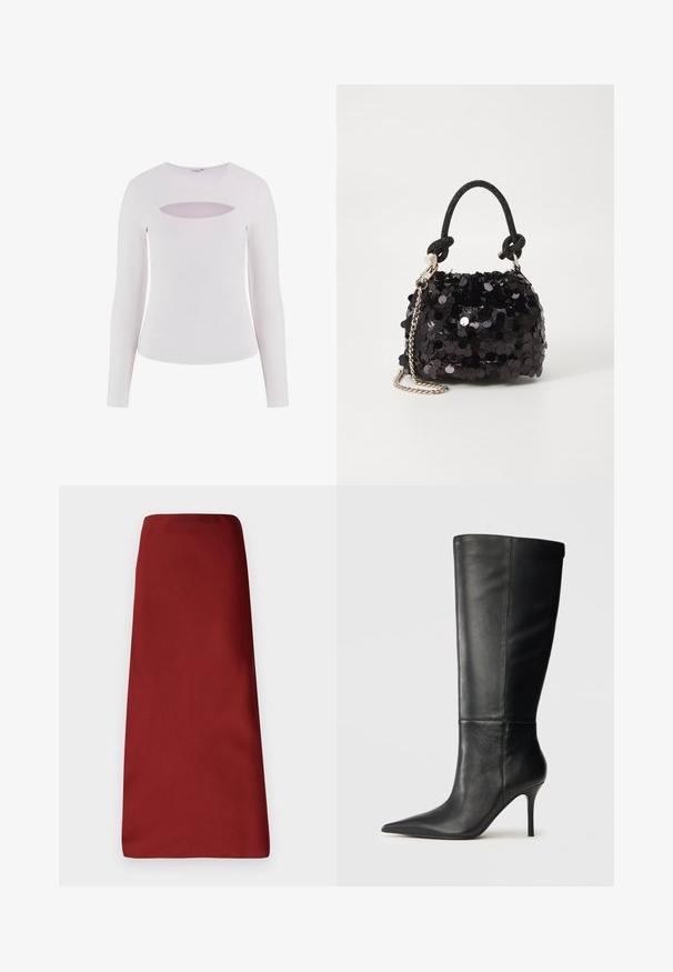 Weißes Langarmoberteil mit geripptem Textil, das einen runden Halsausschnitt und ein horizontales Ausschnittdetail unter dem Halsausschnitt aufweist.; Bordeaux Midi-Rock mit glatter Textur, gerader Silhouette und ohne sichtbare Verschlüsse oder Muster. Die Länge reicht bis unter die Knie.; Schwarze Lederstiefel bis zum Knie mit spitzem Zehenbereich und schlankem Stiletto-Absatz, glatte Textur, Seitenansicht auf neutralem Hintergrund.; Schwarze Pailletten-Mini-Handtasche mit einem geknoteten, strukturierten Tragegurt und einer silbernen Kette. Abgerundete Form mit gerafftem oberen Teil und reflektierenden Details.