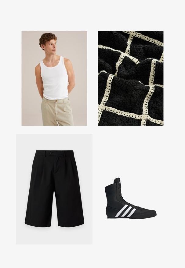 Witte katoenen tanktop met een ronde halslijn en brede bandjes, gecombineerd met lichtbeige broeken met een knoop en plooien.; Zwarte textuurde deken met een geweven crèmekleurig rasterpatroon, met verhoogde bloemontwerpen en een zachte, pluizige afwerking.; Jack & Jones JPSTBILL FLINT - Shorts - black; Zwarte hoge sportschoen met een textiel bovenwerk, voorzien van drie witte strepen en een veterontwerp aan de voorkant. Platte rubberen zool aan de onderkant.