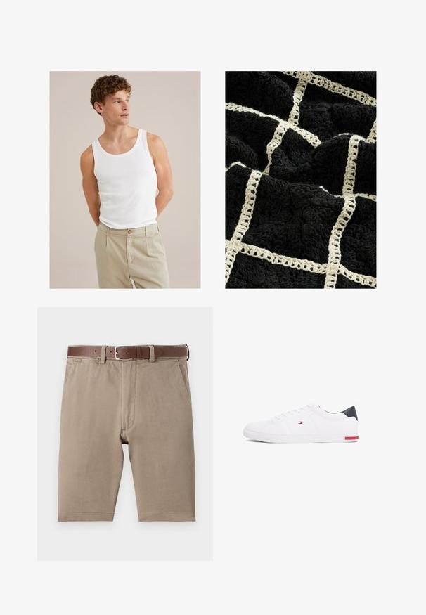 Top din bumbac alb, fără mâneci, cu decolteu rotund și bretele late, asortat cu pantaloni bej deschis, cu un nasture și pliu.; Pătură neagră texturată cu un model de plasă crem, având designuri florale în relief și o finisare moale, pufoasă.; Șorturi din bumbac bej, cu croială dreaptă, dotate cu un brâu din piele maro și buzunare laterale, textură netedă cu cusături bine finisate.; Adidași albi cu vârf jos, din piele netedă. Prezintă un toc albastru marine și un accent roșu pe talpă. Șase gauri pentru șireturi.