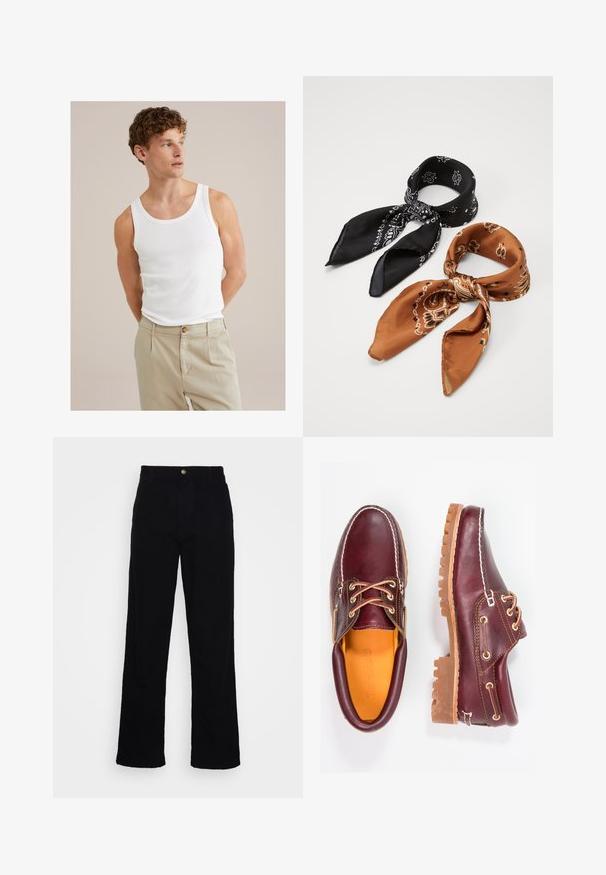 Biely bavlnený top bez rukávov s okrúhlym výstrihom a širokými ramienkami, spárovaný s svetlolososťovými nohavicami s gombíkom a záhybmi.; Biela košeľa s gombíkmi a klasickým golierom, dlhými rukávmi a zaobleným lemom; obsahuje malé oranžové logo na dolnej ľavej strane.; Čierne, vysoké rovné nohavice z denimu s hladkou textúrou, s predným zapínaním na gombík a päť vreckami.; Bordové kožené topánky s hnedými gumovými podrážkami, okrúhlou špičkou, bielym prešívaním a zlatými kovaniami. Interiér má žlté podšívku.; Dvoje šatky s vzorom: jedna čierna s bielymi motívmi, druhá hnedá s oranžovými akcentmi. Obe sú vyrobené zo saténu a majú špicaté konce.
