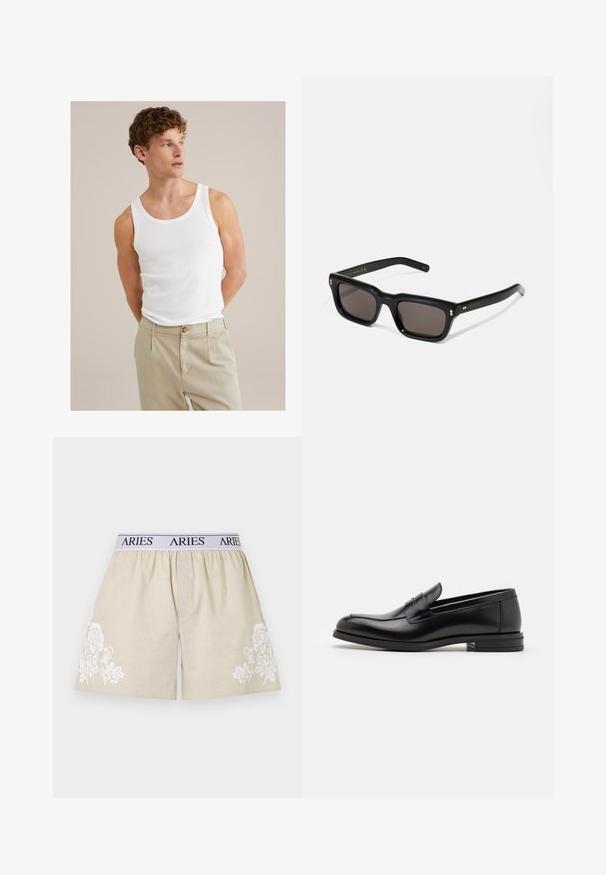 Fehér pamut trikó, kerek nyakkivágással és széles pántokkal, világos bézs nadrággal, amelynek gombja és redőzete van.; Beige pamut rövidnadrág, az egyik oldalon fehér virágos hímzéssel. Rugalmas derékpánt, amelyen fekete betűkkel "ARIES" felirat található egy fehér sávon.; Fekete bőr loaferek sima textúrával, kerek orral és dekoratív pánttal a vampnál. Alacsony, rétegelt sarkú, minimalista dizájn.; Fekete téglalap alakú napszemüveg sötét lencsékkel, vastag műanyag keret, arany díszítések a szárakon, és a márka logója gravírozva a szára.
