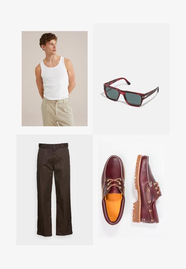 Valge puuvillane tank top ümarate kraega ja laia rihmaga, koos heleda beeži pükste paariga, mis on varustatud nupu ja volangidega.; Pruunid püksid sirge lõikega, millel on lapikud esipooled, vöökohaga silmused ja sile tekstuur. Lihtne disain ilma mustrite või aktsentideta.; Burgundia nahkkingad pruunide kummitaldadega, ümmarguse varbaga, valge tikandi ja kuldsete silmadega. Siseosa on kollase voodriga.; Punase kilpkonna päikeseprillid ruudukujuliste raamidega ja tumeroheliste objektiividega. Omab hõbedaseid aktsente külgedel. Tekstureeritud viimistlus.; Kaks mustritud sallid: üks must valgete mustritega, teine pruun oranžide aktsentidega. Mõlemad on valmistatud satäänist ja neil on teravad otstest.