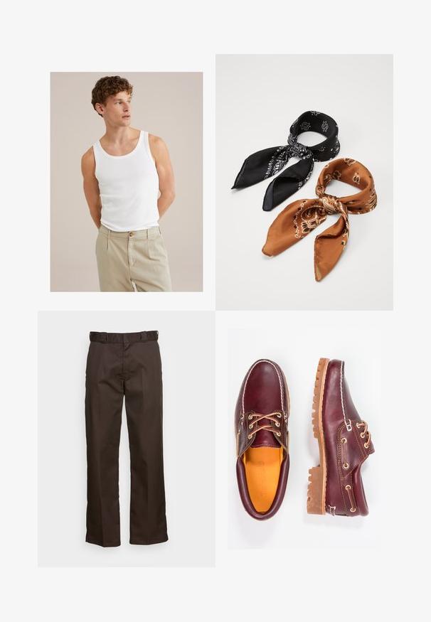 Biely bavlnený top bez rukávov s okrúhlym výstrihom a širokými ramienkami, spárovaný s svetlolososťovými nohavicami s gombíkom a záhybmi.; Hnedé nohavice so strihom rovného nohu, s plochým predným dielom, pútkami na opasok a hladkou textúrou. Jednoduchý dizajn bez vzorov alebo akcentov.; Bordové kožené topánky s hnedými gumovými podrážkami, okrúhlou špičkou, bielym prešívaním a zlatými kovaniami. Interiér má žlté podšívku.; Dvoje šatky s vzorom: jedna čierna s bielymi motívmi, druhá hnedá s oranžovými akcentmi. Obe sú vyrobené zo saténu a majú špicaté konce.