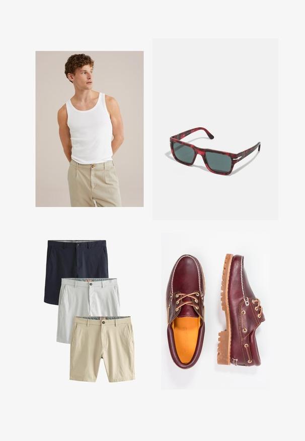 Débardeur en coton blanc avec un décolleté rond et de larges bretelles, associé à un pantalon beige clair avec un bouton et des plis.; Trois paires de shorts : bleu marine, gris clair et beige, tous en tissu lisse, avec des poches avant et des fermetures à boutons.; Chaussures en cuir bourgogne avec semelles en caoutchouc marron, bout rond, couture blanche et œillets dorés. L'intérieur présente une doublure jaune.; Lunettes de soleil écaille de tortue rouge avec montures carrées et verres vert foncé. Présentent des accents en métal argenté sur les côtés. Fini texturé.; Deux foulards à motifs : l'un noir avec des motifs blancs, l'autre marron avec des accents orange. Les deux sont en satin et présentent des extrémités pointues.