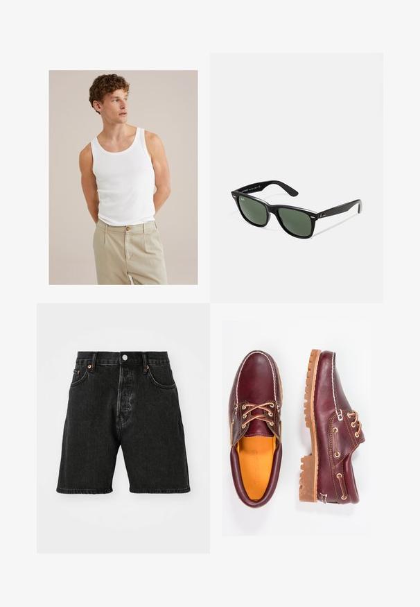 Bijela pamučna majica bez rukava s okruglim izrezom i širokim naramenicama, uparen s svijetlosmeškim hlačama koje imaju dugme i plise.; Crne traper kratke hlače s visokim strukom, dizajnom od pet džepova, bakrenim gumbima i neurezanom rubom. Tkanina ima blagu teksturu s izblijedjenjem.; Burgundske kožne cipele s smešnim gumenim potplatima, okruglim vrhom, bijelim šavovima i zlatnim rupama za vezivanje. Unutrašnjost ima žutu podstavu.; Crne plastične sunčane naočale s zelenim staklima, kvadratni okviri, srebrni naglasak na obrvi i teksturirane ručke. Naziv brenda naveden na unutrašnjoj strani ručke.