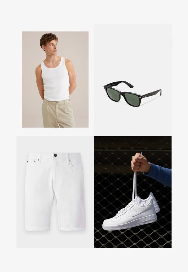Weißes Baumwoll-Top mit rundem Ausschnitt und breiten Trägern, kombiniert mit hellbeigen Hosen mit einem Knopf und Falten.; Weiße Jeansshorts mit Knopfverschluss, Fünf-Taschen-Design und aufgerolltem Saum. Glatte Textur mit metallischen Akzenten an den Taschen.; Weiße Leder-Sneaker mit Perforationen, runder Zehenpartie, flacher Sohle und dicken Schnürsenkeln, mit sichtbar eingesticktem Swoosh-Logo und "AIR" an der Ferse.; Schwarze Plastiksonnenbrille mit grünen Gläsern, quadratischen Rahmen, silbernem Akzent auf der Augenbraue und strukturierten Bügeln. Angegebene Marke auf dem inneren Bügel.