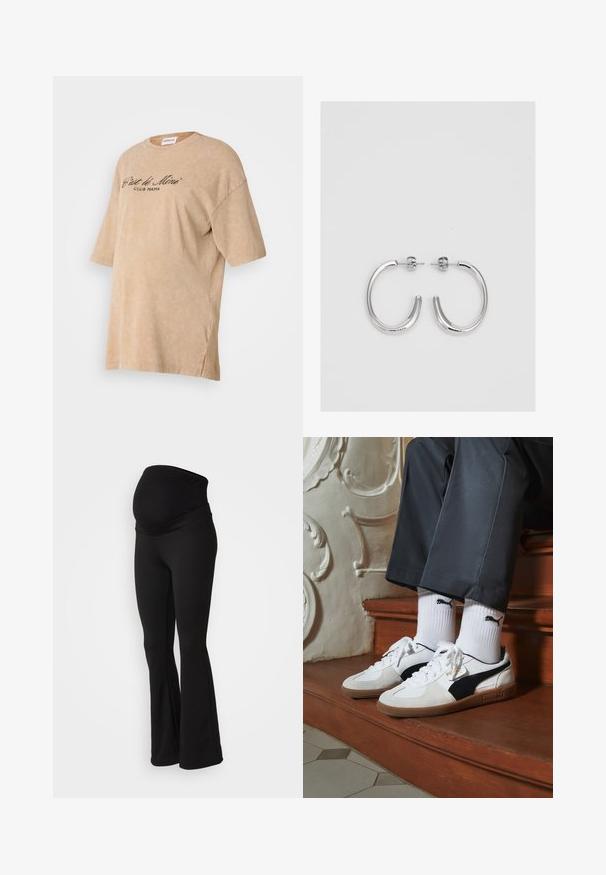 Beige oversized t-shirt made of soft cotton, featuring a round neckline and short sleeves. The front has "C'est le Mini Club Mama" printed in black.; Black maternity leggings with a wide, stretchy waistband, flared design, and soft fabric texture suitable for comfort and support.; Puma sneakers in white and black suede, featuring a brown rubber sole. Paired with white socks displaying a black logo, worn with dark pants.; Silver hoop earrings with a smooth, shiny finish. Rounded shape, lightweight design, featuring a post-back closure.