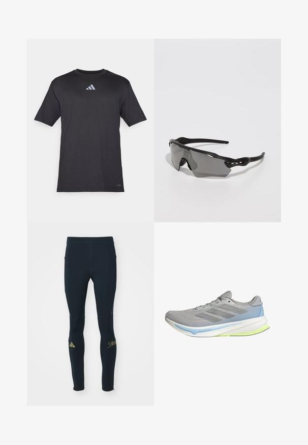 Camiseta deportiva negra de manga corta, hecha de tela ligera, que presenta un sutil logo reflectante de Adidas en el pecho.; adidas Performance BER24 LONG - Leggings - aurora ink; Zapatilla de running ligera en malla gris con acentos en azul y verde lima. Presenta una suela curvada, un patrón texturizado y seis ojales para los cordones.; Gafas de sol deportivas negras con un diseño elegante, lentes envolventes, lente tintada en gris y patillas texturizadas en negro. Sin logotipos visibles.