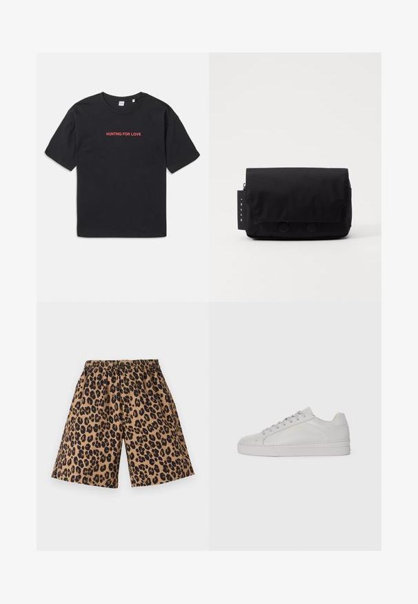 Sort bomulds t-shirt med korte ærmer, prydet med rød tekst "HUNTING FOR LOVE" broderet på brystet. Enkel og afslappet pasform.; Brune shorts med et sort leopardprint, udstyret med en elastisk talje. Stoffet ser glat ud, med et afslappet og bredt ben-design.; Lys grå lædersneaker med en glat tekstur, afrundet tå, flad gummisål og tonede snørebånd. Har minimal branding i guld.; Sort messenger taske lavet af tekstureret stof. Har en klaplukning med to runde knapper, en lynlåslomme og et mærke med brandnavn.