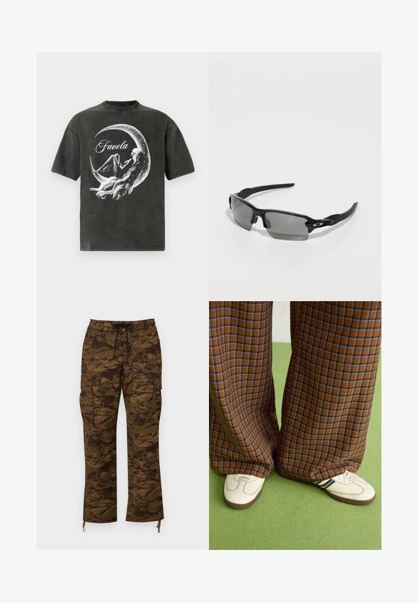 Black oversized T-shirt made of soft cotton with a graphic design featuring a moon and the word "Favela" in white.; Brown cargo pants with a textured camouflage pattern, featuring an elastic waistband, drawstring, and side pockets. Casual fit, straight leg.; Brown and blue plaid wide-leg trousers paired with white shoes featuring black accents and textured soles, set against a green background.; Black sports sunglasses with gray lenses, a curved frame design, and logo detail on the side. Made from lightweight plastic material.