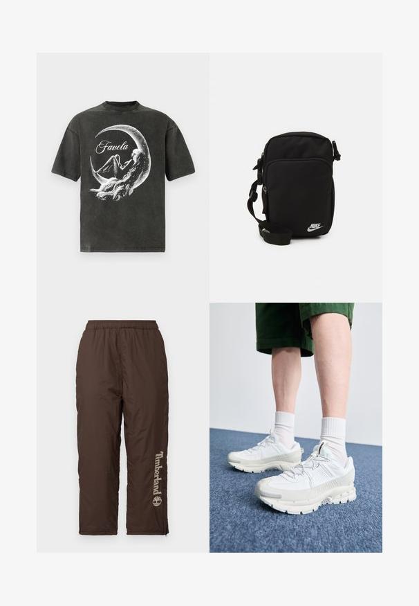 Camiseta negra de gran tamaño hecha de algodón suave con un diseño gráfico que presenta una luna y la palabra "Favela" en blanco.; Pantalones de nailon marrones con una cinturilla elástica. Presentan un logo vertical de Timberland en beige claro. Textura suave, cremalleras en los tobillos para ajustar el fit.; Zapatillas deportivas blancas con superposiciones texturizadas, una suela gruesa y acentos grises. Llevadas con calcetines blancos hasta la pantorrilla y pantalones cortos verdes sobre una superficie azul.; Bolsa cruzada de nylon negra con correa ajustable, compartimentos con cremallera y un logo de Nike blanco en la parte frontal. Textura suave, forma rectangular.