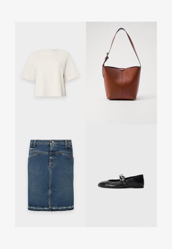 Kreemikas värvitoonis lühikese varrukaga lühike T-särk, mis on valmistatud ribakanga materjalist, ümmarguse kaeluse ja vaba lõikega.; Denim seelik, millel on klassikaline sinine pesu, viie tasku disain ja rebenev äär. Sulgeb ees oleva nööbi ja tõmblukuga.; Mustadest nahast balleti kingad terava varbaga, millel on rihm ümmarguse metallist pandlaga ja lame tald.; Pruun nahast õlakott, millel on kaarjas kuju, sile tekstuur ja üks õhuke rihm. Omab peent õmblust ja väikest logo detaili.