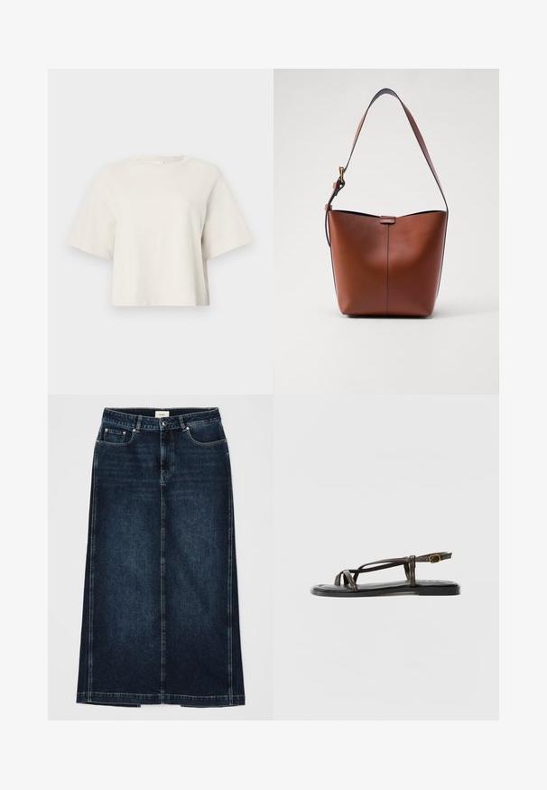 Kermanvärinen lyhyt t-paita, joka on valmistettu ribbineuloksesta. Paidassa on pyöreä kaula-aukko ja lyhyet hihat, jotka antavat rennon istuvuuden.; Tummansininen kynähame, suoran mallinen, polvipituinen. Varustettu etutaskuilla, vetoketjusuljennalla ja hillityillä ompeluyksityiskohdilla saumoissa.; Ruskeat nahkasaappaat, joissa on ristikkäiset hihnat, säädettävä nilkka-solki, litteä pohja ja sileä pinta pohjallisessa.; Kahvinahkainen olkalaukku, jossa on kaareva muoto, sileä pinta ja yksi ohut hihna. Sisältää hienovaraisen sauman ja pienen logotarkin.