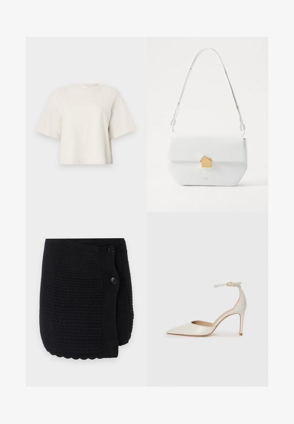 Cream-colored cropped t-shirt made from ribbed fabric, featuring a round neckline and short sleeves with a relaxed fit.; Black knitted wrap featuring a textured pattern, scalloped hem, and two large buttons for closure. Soft material with a cozy design.; White leather high-heeled shoe with a pointed toe, ankle strap, and a slim stiletto heel. Smooth texture with subtle glossy finish.; White leather shoulder bag with a geometric gold clasp, flat design, and an elongated strap. Features clean lines and polished texture.