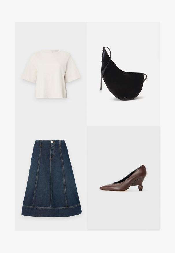 Camiseta recortada color crema hecha de tela de canalé, con cuello redondo y mangas cortas de corte relajado.; Falda de mezclilla en línea A de color azul oscuro, con cintura con botones, cinco pasadores para cinturón y costuras en contraste. De longitud a la rodilla con un borde rematado.; Zapato de cuña de piel marrón con punta afilada y tacón redondeado en forma de bola. Textura suave con un diseño sencillo y acentos mínimos.; Bolso de mano de piel negra con forma de luna curva, que presenta una correa delgada y un sutil logo dorado en la parte frontal. Textura suave con herrajes mínimos.