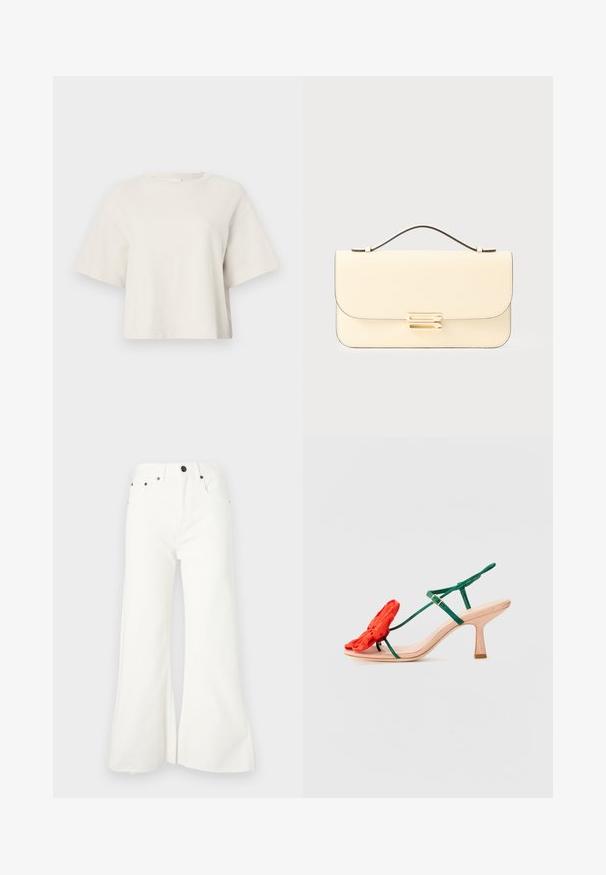 Tejszínű, rövid fazonú póló bordázott anyagból, kerek nyakkivágással és rövid ujjakkal, laza szabással.; Bővülő fehér farmernadrág magas derekú fazonnal, öt zsebbel és nyers szegéllyel. Fém alkatrészekkel és gombos záródással rendelkezik.; Loeffler Randall FRANK - Bokapántos szandálok - nude/green/red; Krém színű bőrtáska felső fogantyúval és aranyszínű téglalap alakú csattal, sima világos háttér előtt.