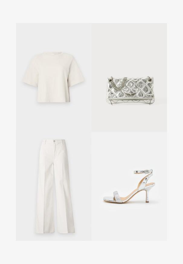 Tejszínű, rövid fazonú póló bordázott anyagból, kerek nyakkivágással és rövid ujjakkal, laza szabással.; Fehér, bővebb nadrág, amely pamutból készült, sima textúrával. Elöl gombbal, cipzáras záródással és négy zsebes kialakítással rendelkezik.; Ezüst színű, magas sarkú szandál texturált hüllőmintával, bokapánttal és vékony stiletto sarokkal, melyek egy letisztult, minimalista dizájnt mutatnak be.; Ezüst színű fémes kézitáska lánckarral, steppelt textúrával, díszített varrással és cipzáros záródással. A fonákján domború részletek találhatók.