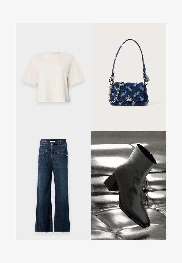 Krämm färgad cropped t-shirt tillverkad i ribbat tyg, med rund halsringning och korta ärmar i avslappnad passform.; Breda jeans i mörkblå denim med hög midja, två framfickor och kontrasterande sömdetaljer.; Svarta ankelboots i glänsande material med fyrkantig tå och avsmalnande klack, placerade mot en glänsande silverfärgad vadderad bakgrund.; Marinblå tyghandväska med strukturerad design, silverdetaljer och en avtagbar kedjerem. Har en klaffstängning och logotypdekor.
