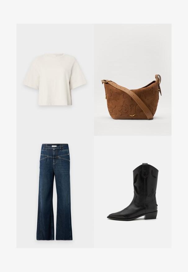 Kreminės spalvos trumpas marškinėlis, pagamintas iš gurguliuojančio audinio, su apvalia kaklo linija ir trumpomis rankovėmis, pasižymintis laisvu siluetu.; Plačios džinsinės kelnės iš tamsiai mėlyno džinsinio audinio, turinčios aukštą juosmenį, dvi priekinės kišenės ir kontrastingo siuvimo detales.; Juodos odos kaubojiški botas su smailiu pirštu, siuvinėtais akcentais ir žemu kulnu. Yra vertikalus siuvimas ir šoninės traukimo juostos.; Ruda suedes pečių rankinė su išsiuvinėtu gėlės dizainu, papildyta lygiu ruduo odos diržu ir auksinės spalvos detalėmis.