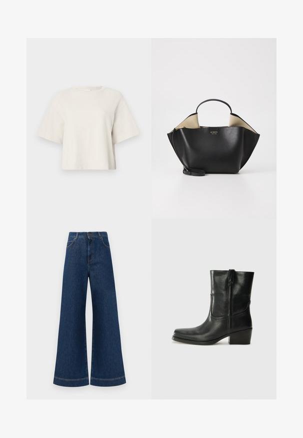 Krēmkrāsas īsais T-kreklis, izgatavots no ribota auduma, ar apaļu kakla izgriezumu un īsām piedurknēm, piedāvā brīvu piegriezumu.; Plati ziladenim bikses ar augstu jostasvietu, kas aprīkotas ar pogas aizdari, jostu cilpām un nelieliem šuvju detalizējumiem ap kabatām un malām.; Melna ādas potīte ar noapaļotu purngalu, bloku papēdi, sānu rāvējslēdzēju un šuvju akcentiem uz virsmas. Gluda tekstūra, klasiskā dizaina.; Ree Projects ANN TOTE MINI - Rokassoma - black