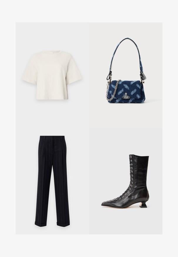 Kreemikas värvitoonis lühikese varrukaga lühike T-särk, mis on valmistatud ribakanga materjalist, ümmarguse kaeluse ja vaba lõikega.; Mustra mustriga tumeda värvusega püksid, millel on kohandatud lõige, varras ja ees olevad voldid. Valmistatud siledast kangast, millel on struktureeritud disain.; Mustad nahast pahkluu saapad terava nina, esipaneeliga nöörimine, metallist silmadega, madal blokknina ja stiilne disain. Sile tekstuur, moodne siluett.; Tumesinise kangaga käekott, millel on tekstuuriga disain, hõbedased detailid ning eemaldatav kettrihm. Omab klapiga sulgemist ja logo aktsenti.