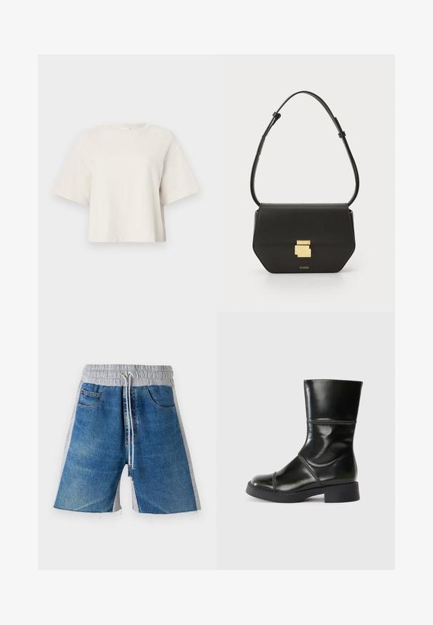 Kreemikas värvitoonis lühikese varrukaga lühike T-särk, mis on valmistatud ribakanga materjalist, ümmarguse kaeluse ja vaba lõikega.; Denim lühikesed püksid halli elastse vöökohtaga, millel on pael. Kujunduses on küljetaskud ja värvide blokeerimise efekt.; Must musta nahkasaapad ümarate varvastega, siledat viimistlust, kontrastse õmbluse ja ploki kontsaga, millel on veidi kitsenev siluett.; CLOSED CLOSED ONE - Ülerinna-kott - black