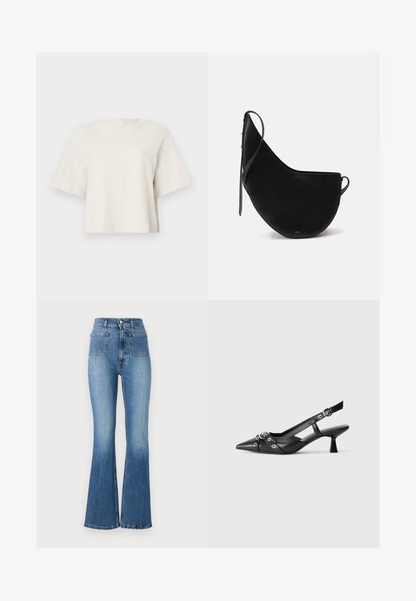 Kreemikas värvitoonis lühikese varrukaga lühike T-särk, mis on valmistatud ribakanga materjalist, ümmarguse kaeluse ja vaba lõikega.; Laia sinise denimiga teksapüksid kõrge vöökoht, millel on kaks tagumist taskut ja pleekinud viimistlus. Alläär on õmmeldud peene mustriga.; Must must have must toote tõmblukuga, dekoratiivsed rihmad metallist silmadega ja madal blokk-kand. Tekstureeritud pind.; Mustmust mustraha, millel on kaarjas kuu kuju, õhukese rihmaga ja peene kuldse brändinguga ees. Sile tekstuur koos minimaalseteDetailidega.