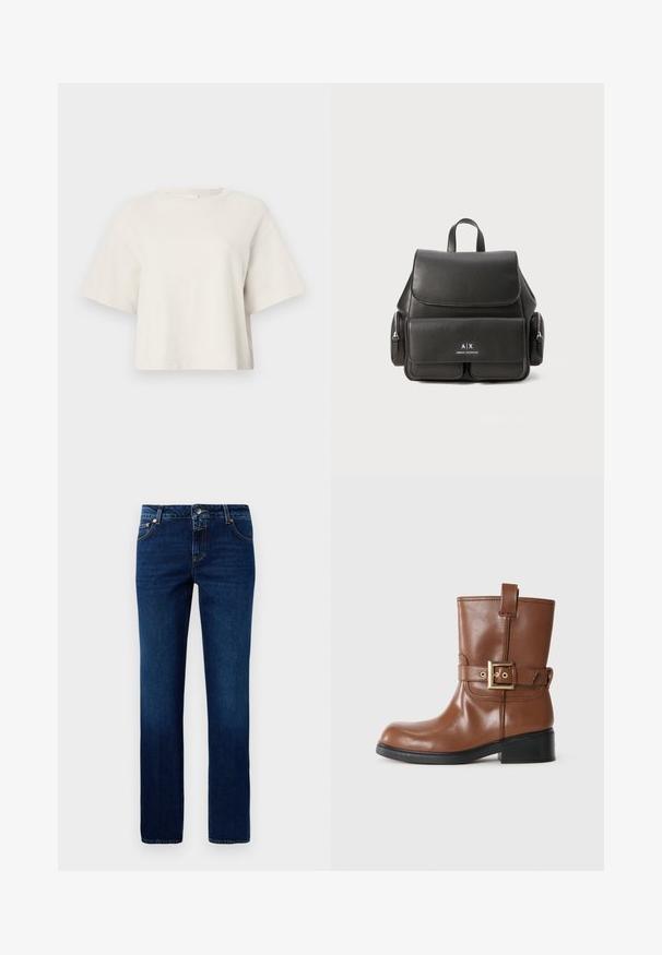 Kremfarget, kort t-skjorte laget av ribbestrikket stoff, med rund hals og korte ermer i en avslappet passform.; Mørkeblå denim-jeans med rett ben-design, som har et klassisk liv, fem lommer og subtile sømdetaljer.; Brune lær ankelsko med en rund tå, gullspenne detalj på stroppen, og en lav, teksturert svart hæl. Enkel og stilren design.; Svart skinnryggsekk med klafflukkning, frontlomme, sidelommer med glidelås og et håndtak på toppen. Har logo-detaljer på forsiden.