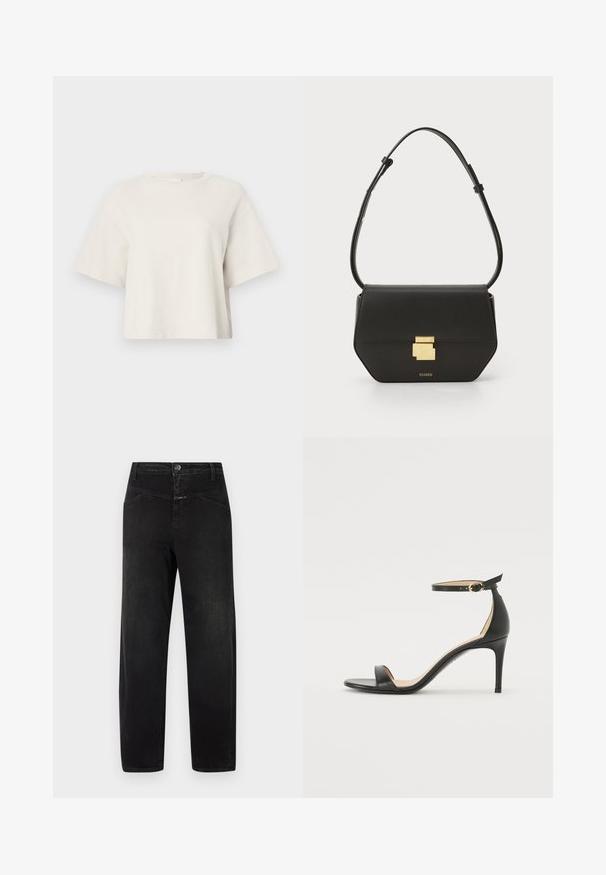 Kreemikas värvitoonis lühikese varrukaga lühike T-särk, mis on valmistatud ribakanga materjalist, ümmarguse kaeluse ja vaba lõikega.; Mustad denimist valmistatud mustad teksad, sirge lõikega, viie tasku stiilis, lihtsa nööbi ja tõmbluku sulgemisega.; Must musta kõrgete kontsadega sandaal, millel on pahkluule kinnituv rihm. Omab sileda tekstuuri, avatud varbaosa ning õhukest kontsa. Kuldtooniline pandla detail.; CLOSED CLOSED ONE - Ülerinna-kott - black