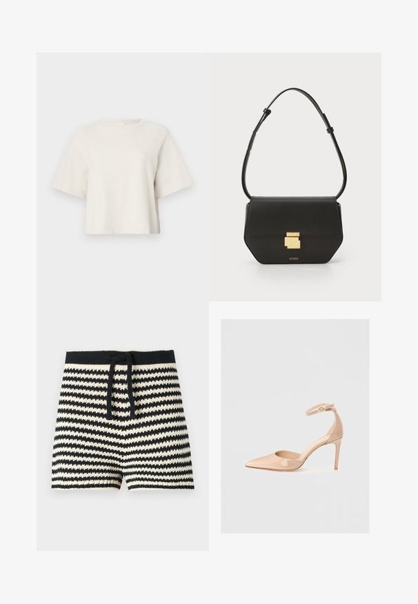 Camiseta recortada color crema hecha de tela de canalé, con cuello redondo y mangas cortas de corte relajado.; CLOSED Shorts - black; Zapato de charol nude con punta afilada, correa en el tobillo y tacón de aguja, que presenta una textura suave y un diseño minimalista.; CLOSED CLOSED ONE - Bandolera - black