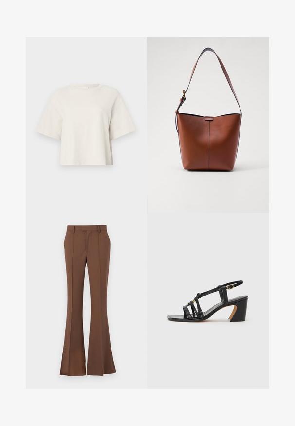 Tejszínű, rövid fazonú póló bordázott anyagból, kerek nyakkivágással és rövid ujjakkal, laza szabással.; Barna, sima anyagból készült, bővülő nadrág, lapos elejű, övakasokkal, testhezálló szabással és diszkrét gyűrődésekkel.; Paul Smith AMIRA - Klasszikus sarkú cipők - black; Barna bőr válltáska ívelt formával, sima felülettel és egy vékony pánttal. Diszkrét varrással és kis logóval rendelkezik.