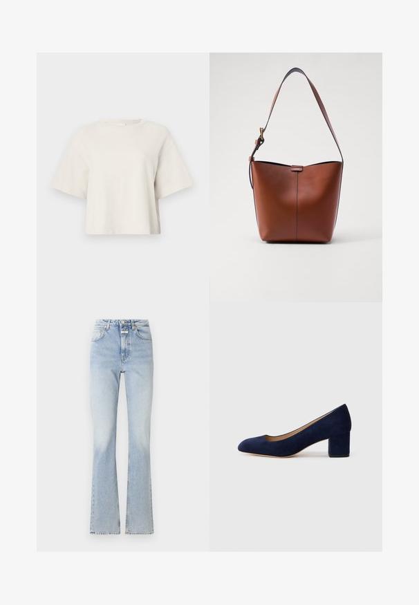 Krémový skrátený tričko vyrobené z rebrovanej látky, s okrúhlym výstrihom a krátkymi rukávmi v uvoľnenom strihu.; Svetlomodré rifle s vysokým pásom, rozšírenými nohavicami a jemnou popraskanou textúrou. Obsahujú zapínanie na gombík a zips, s piatimi vreckami.; Námořnické modré semišové lodičky s špičatou špičkou a středním blokovým podpatkem. Hladká textura s jemným leskem a malým výstřihem vpředu.; Hnedá kožená taška cez rameno s zakriveným tvarom, hladkou textúrou a jedným tenkým popruhom. Obsahuje jemný šev a malý logo detail.