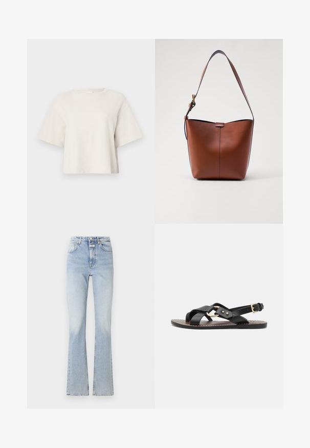 Kreemikas värvitoonis lühikese varrukaga lühike T-särk, mis on valmistatud ribakanga materjalist, ümmarguse kaeluse ja vaba lõikega.; Heledad sinised teksad kõrge vöökohaga, laienevate säärtega ja peene kulumistunnustega. Omab nööpi ja tõmblukku, viie taskuga.; Must musta sandaal, millel on ristihoopitud rihmad ja kuldse tooni ümmargune aktsent. Lame talla ja kinnitusega ankle'i juures.; Pruun nahast õlakott, millel on kaarjas kuju, sile tekstuur ja üks õhuke rihm. Omab peent õmblust ja väikest logo detaili.