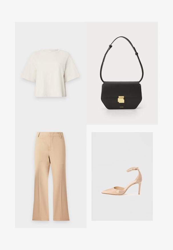 Majica boje kreme skraćena je i napravljena od rebrastog materijala, s okruglim izrezom i kratkim rukavima te opuštenim krojem.; Bež hlače širokih nogavica s glatkom teksturom, s pojasom srednje visine i ravnim plitkim nabiranjima. Jednostavan dizajn, bez vidljivih ukrasa.; Nude patentna kožna cipela s uskim vrhom, kaišem oko gležnja i štiklom, koja se odlikuje glatkom teksturom i minimalističkim dizajnom.; CLOSED CLOSED ONE - Torba preko tijela - black