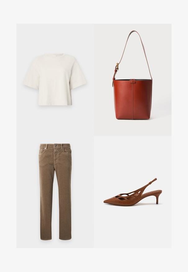 Tejszínű, rövid fazonú póló bordázott anyagból, kerek nyakkivágással és rövid ujjakkal, laza szabással.; Barna corduroy egyenes lábú nadrág elülső zsebekkel, övhurkokkal és gombos záródással fehér háttér előtt.; Barna bőrszíjjal készült sarok, hegyes orral, kivágott dizájnnal és varrott részletekkel. Karcsú sarokkal és állítható pánttal rendelkezik.; Barna bőr vödör táska állítható vállpánttal és aranyszínű csattal, egyszerű függőleges varrással az elején.