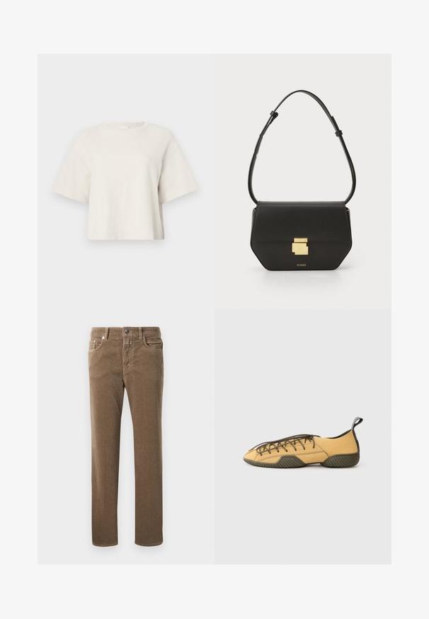 Cremfarbener, gekürzter T-Shirt aus Rippstoff, mit rundem Ausschnitt und kurzen Ärmeln in lockerer Passform.; Braune Cord-Hosen mit geradem Bein, vorderen Taschen, Gürtelschlaufen und Knopfverschluss auf weißem Hintergrund.; Gelbe Wildleder-Schnürschuhe mit dunkelgrüner Gummisohle und Fersenschlaufe, seitlich auf einem hellgrauen Hintergrund dargestellt.; CLOSED CLOSED ONE - Umhängetasche - black