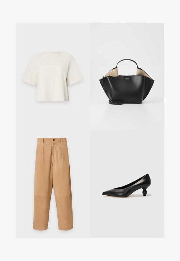 Kreminės spalvos trumpas marškinėlis, pagamintas iš gurguliuojančio audinio, su apvalia kaklo linija ir trumpomis rankovėmis, pasižymintis laisvu siluetu.; Šviesiai rudi, zomšiniai kelnių su laisvu siluetu, turinčios priekinės pūkų, mygtuko užsegimą ir kišenes šonuose. Visame paviršiuje lygus tekstūra.; Juoda odinė aukštakulnė bateliai su smailiu pirštu ir apvaliu, iškiliu kulnu. Lygus paviršius su elegantišku, minimalistiniu dizainu.; Ree Projects ANN TOTE MINI - Rankinė - black