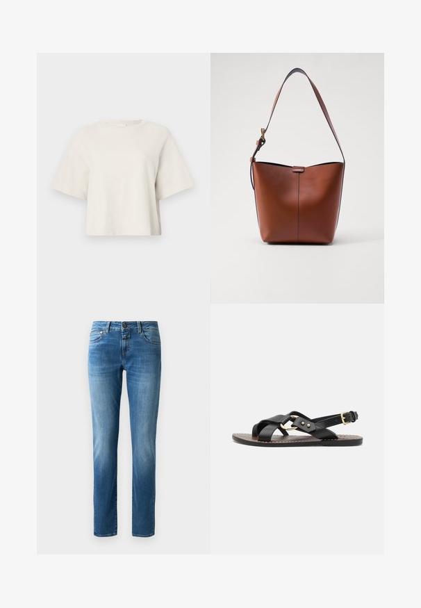 Tejszínű, rövid fazonú póló bordázott anyagból, kerek nyakkivágással és rövid ujjakkal, laza szabással.; Kék farmernadrág egyenes szárú dizájnnal, gombzárral, öt zsebbel és enyhe kopással. Sima felület narancssárga varrással.; Fekete bőr szandál keresztbe futó pántokkal és arany színű kör alakú díszítéssel. Lapos talp és csat a bokán.; Barna bőr válltáska ívelt formával, sima felülettel és egy vékony pánttal. Diszkrét varrással és kis logóval rendelkezik.