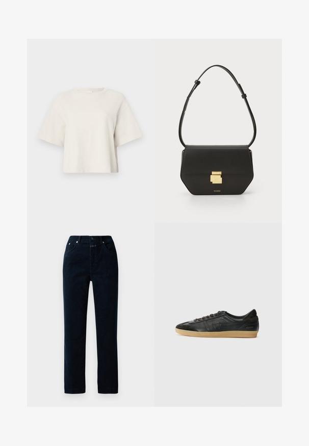 T-shirt cropped de cor creme, feita de tecido canelado, com decote redondo e mangas curtas, apresentando um ajuste descontraído.; Calças de veludo cotelê azul-marinho com um design de perna reta, apresentando bolsos frontais, fecho de correr e acabamentos em botão de metal na cintura.; Sapatilhas de couro preto com detalhes em camurça, bico arredondado, sola de borracha de goma, atacadores planos e costuras decorativas. Apresenta o logótipo da marca no calcanhar.; CLOSED CLOSED ONE - Mala a tiracolo - black