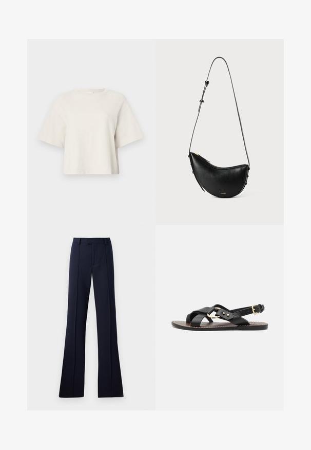 Majica boje kreme skraćena je i napravljena od rebrastog materijala, s okruglim izrezom i kratkim rukavima te opuštenim krojem.; Mornarskoplave, flare hlače izrađene od glatkog materijala. Imaju ravni prednji dio, petlje za remen i utrljane nabore. Nema vidljivih uzoraka ili akcenata.; Crne kožne sandale s križnim trakama i okruglim zlatnim detaljem. Ravni đon s kopčanjem oko gležnja.; Crna kožna torba s zaobljenim oblikom i jednim prilagodljivim remenom. Ima zatvaranje na patentni zatvarač i minimalno zlatno hardver.