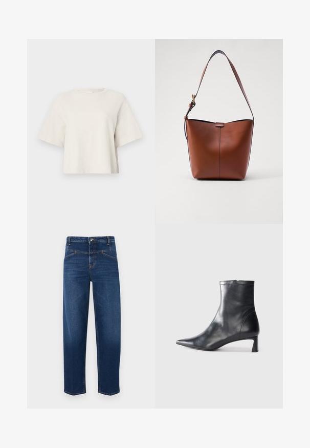 Tejszínű, rövid fazonú póló bordázott anyagból, kerek nyakkivágással és rövid ujjakkal, laza szabással.; Sötétkék farmernadrág, egyenes szárú szabással, egysoros gombbal, valamint elülső és hátsó zsebekkel, narancssárga varrási díszítésekkel.; Fekete bőr bokacsizma hegyes orral és letisztult dizájnnal. Alacsony sarka és hátsó cipzáras záródása van. Simának tűnő textúra.; Barna bőr válltáska ívelt formával, sima felülettel és egy vékony pánttal. Diszkrét varrással és kis logóval rendelkezik.