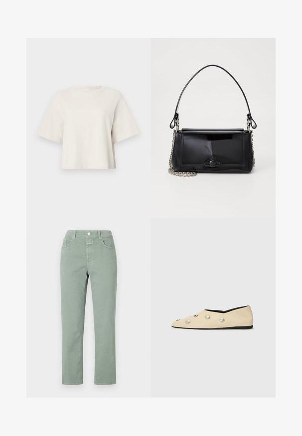 Kreminės spalvos trumpas marškinėlis, pagamintas iš gurguliuojančio audinio, su apvalia kaklo linija ir trumpomis rankovėmis, pasižymintis laisvu siluetu.; Šviesiai žali medvilniniai kelnių su tiesiomis kojomis, su priekinių kišenių, mygtukų uždarymu ir subtiliomis siuvimo detalėmis.; CLOSED Balerinos stiliaus laivutės - ecru; Juodas lakinės odos rankinės ilgis stačiakampis, su grandinėlės dirželiu ir išskirtiniu metaliniu akcentu centre. Lygus paviršius.
