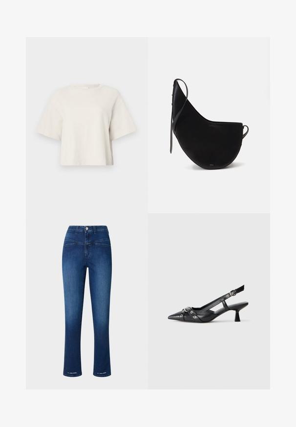 Krēmkrāsas īsais T-kreklis, izgatavots no ribota auduma, ar apaļu kakla izgriezumu un īsām piedurknēm, piedāvā brīvu piegriezumu.; Tumši zili džinsi ar augstu jostasvietu, šauru piegriezumu, taisnām kājām un divām priekšējām kabatām. Iezīmējas ar metāla pogu un izšuvuma akcentiem.; Melnas ādas šlipsveida kurpes ar norādītu purngalu, dekoratīvām joslām ar metāla acīm un zemu bloku papēdi. Teksturēta virsma.; Melna ādas rokassomas ar izliekto Mēness formu, kas iekļauj šauru siksniņu un delikātu zelta zīmolu priekšpusē. Gluda tekstūra ar minimālu aparatūru.