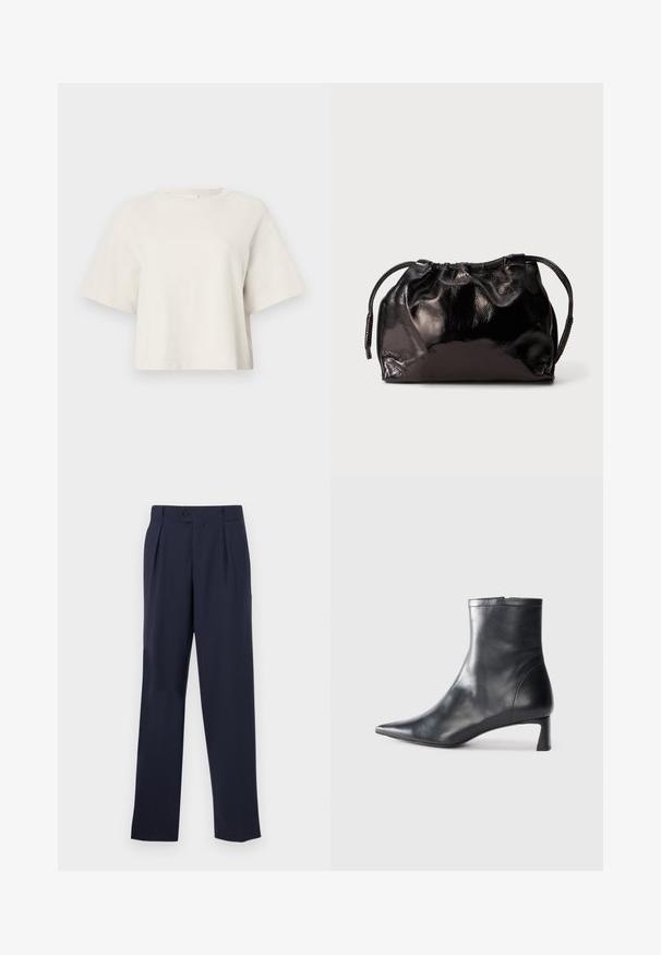 Krämm färgad cropped t-shirt tillverkad i ribbat tyg, med rund halsringning och korta ärmar i avslappnad passform.; Marinblå skräddarsydda byxor med rak benmodell, med knappstängning, veck fram och en slät textur.; Svart läder ankelboot med spetsig tå och en smidig design. Har en låg klack och en dragkedjestängning bak. Slät textur.; Liten svart, glänsande läderpåse med dragsnöre och korta handtag på en ljusgrå bakgrund.