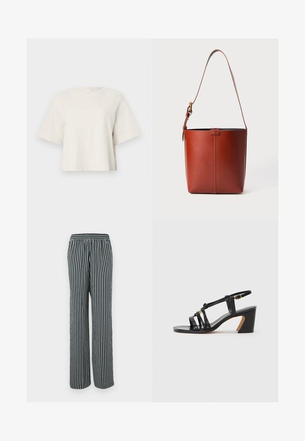Crème-kleurige cropped t-shirt gemaakt van ribstof, met een ronde halslijn en korte mouwen in een relaxte pasvorm.; Gestreepte broek met een wijd flat ontwerp. Heeft een marineblauwe basis met lichtgrijze verticale strepen. Elastische tailleband voor een comfortabele pasvorm.; Paul Smith AMIRA - Klassieke pumps - black; Bruine lederen emmerzak met verstelbare schouderband en gouden gesp, eenvoudige verticale naaddetails aan de voorkant.