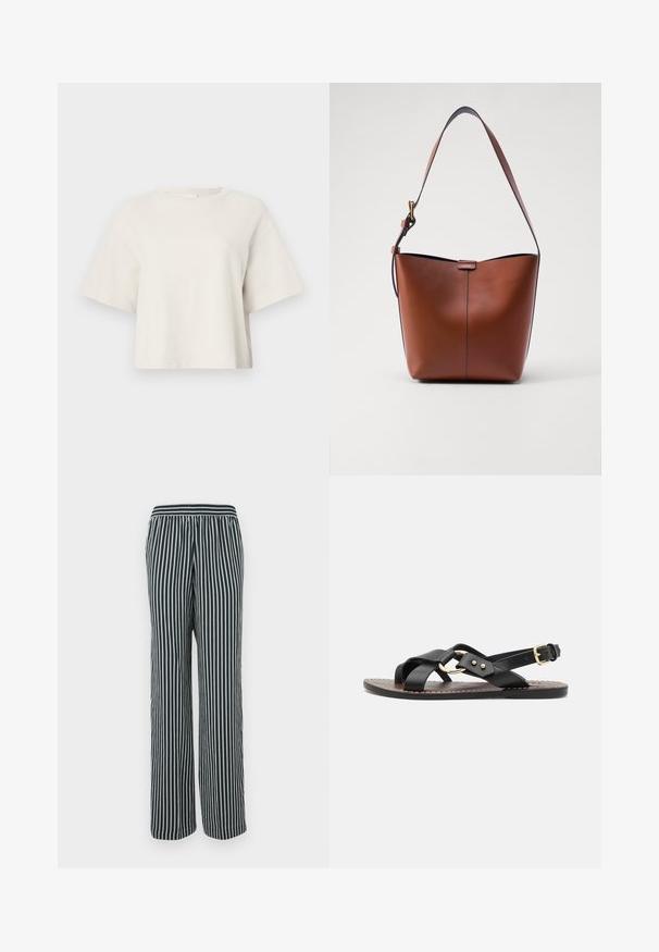 Cream-colored cropped t-shirt made from ribbed fabric, featuring a round neckline and short sleeves with a relaxed fit.; Striped pants with a wide leg design. Features a navy base with light gray vertical stripes. Elastic waistband for comfortable fit.; Black leather sandal featuring crisscross straps and a gold-tone circular accent. Flat sole with a buckle closure at the ankle.; Brown leather shoulder bag with a curved shape, smooth texture, and a single thin strap. Features a subtle seam and a small logo detail.