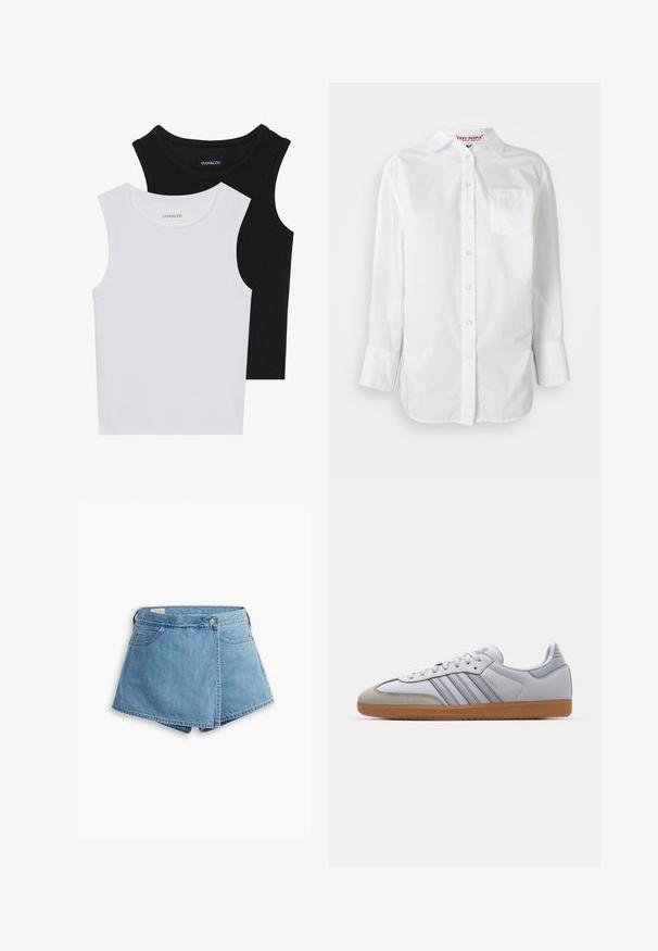 Dos camisetas sin mangas en negro y blanco, hechas de algodón acanalado, con escote redondo y un diseño ajustado. Etiquetas visibles en ambas.; Camisa blanca de manga larga con botones, con cuello y un bolsillo en el pecho, exhibida sobre un fondo liso.; Pantalones cortos de denim en azul claro, con un diseño envolvente, bolsillos frontales y un cierre de botón de metal. Textura suave con bordes cosidos.; Zapatillas de cuero blanco con acentos en azul claro, puntera de ante gris y suela de goma marrón. Presentan tres rayas azules y la marca "Samba".