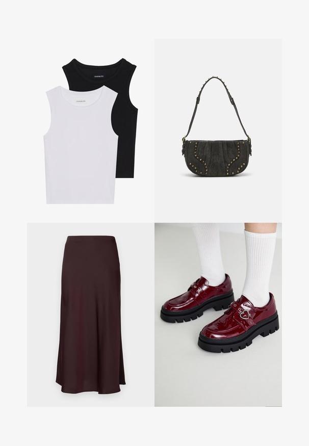 Two sleeveless tops in black and white, made of ribbed cotton, featuring round necklines and a fitted design. Labels visible on both.; Burgundy satin midi skirt with a smooth texture, a straight fit, and a slightly flared hem. No visible patterns or hardware details.; Maroon patent leather shoes with a chunky black sole, double strap with heart detail, and ribbed white socks. Retro design with thick traction.; Black suede handbag with a curved design, featuring rivet accents and a textured surface. Adjustable strap with stud details along the edge.