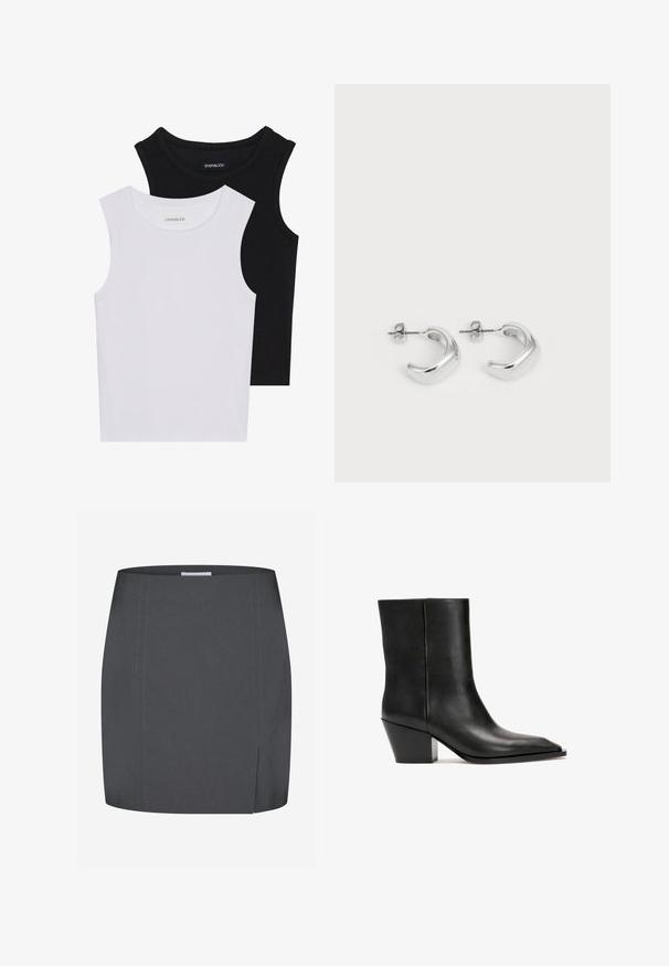 Due magliette senza maniche, in bianco e nero, realizzate in cotone a coste, con colli rotondi e un design aderente. Etichette visibili su entrambe.; Envii SPLIT - Gonna a tubino - grey; Stivaletto in pelle nera con texture liscia, punta quadrata e tacco geometrico e robusto. Design elegante senza hardware o motivi visibili.; Orecchini a cerchio in argento con una finitura liscia e lucida. Forma rotonda con un design leggermente curvato e bordi sfumati. Chiusura a perno.